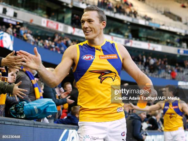 Drew Petrie of the Eagles thanks fans during the 2017 AFL round 15 match between the Western Bulldogs and the West Coast Eagles at Etihad Stadium on...