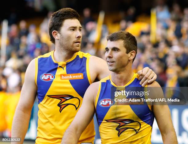 Jeremy McGovern and Jamie Cripps of the Eagles celebrate during the 2017 AFL round 15 match between the Western Bulldogs and the West Coast Eagles at...