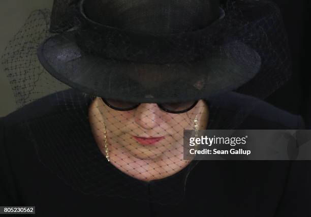 Maike Kohl-Richter, the widow of former German Chancellor Helmut Kohl, depart following the memorial ceremony for Kohl at the European Parliament on...