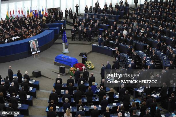 General view shows heads of States and governments and European Union representatives attend a ceremony for late German Chancellor Helmut Kohl at the...