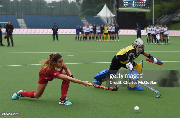 Maria Lopez of Spain scores during a penalty shoot out during the Fintro Hockey World League Semi-Final 5/8th place playoff game between Italy and...