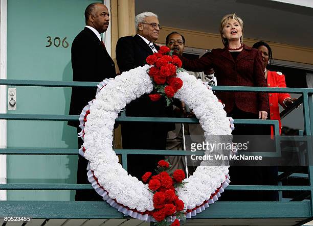 Democratic presidential candidate Sen. Hillary Clinton stands outside room 306 of the Lorraine Hotel, the site where Martin Luther King Jr was...