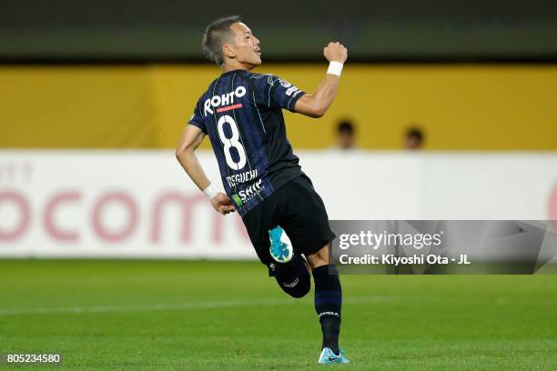 Yosuke Ideguchi of Gamba Osaka celebrates scoring his side's second goal during the J.League J1 match between Vegalta Sendai and Gamba Osaka at...