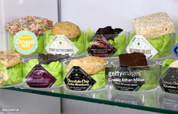 Edible cannabis products are displayed at Essence Vegas Cannabis Dispensary before the midnight start of recreational marijuana sales on June 30,...