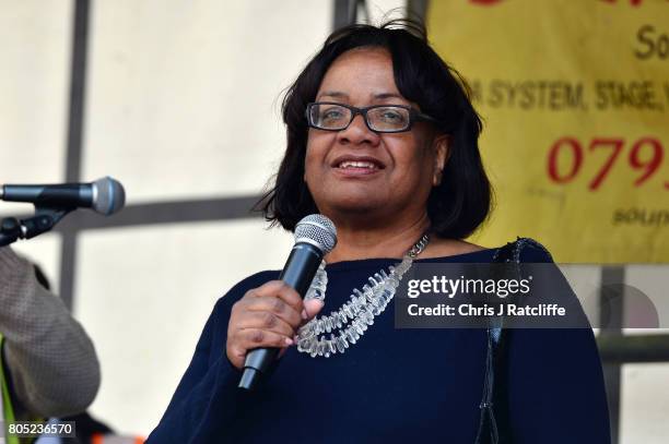 Shadow Home Secretary, Diane Abbott speaks to demonstrators during the 'Not One Day More' march at BBC Broadcasting House on July 1, 2017 in London,...