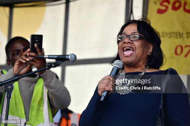 Shadow Home Secretary, Diane Abbott speaks to demonstrators during the 'Not One Day More' march at BBC Broadcasting House on July 1, 2017 in London,...