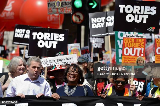 Shadow Home Secretary, Diane Abbott leads the 'Not One Day More' march at BBC Broadcasting House on July 1, 2017 in London, England. Thousands of...