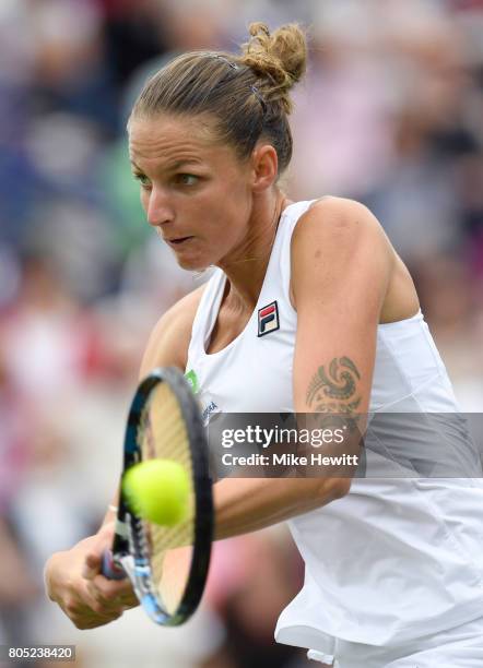 Karolina Pliskova of the Czech Republic hits a backhand during the ladies singles final against Caroline Wozniacki of Denmark on day seven of the...