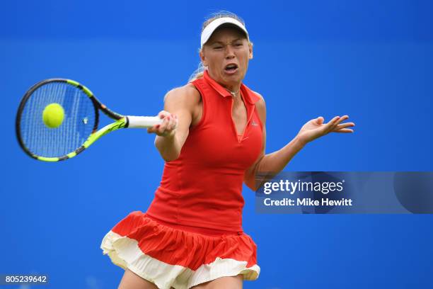 Caroline Wozniacki of Denmark hits a forehand during the ladies singles final against Karolina Pliskova of the Czech Republic on day seven of the...