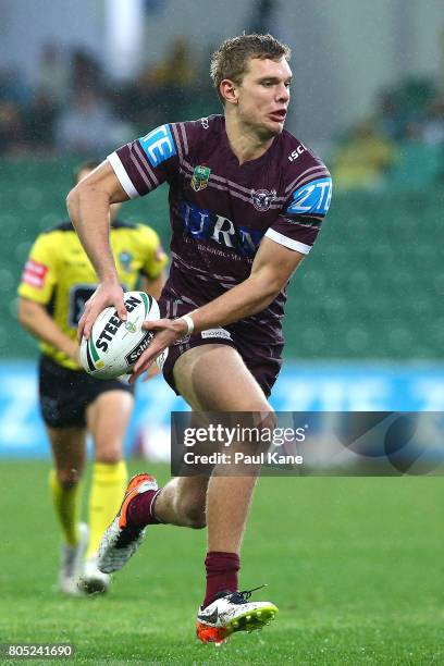 Tom Trbojevic of the Sea Eagles looks to pass the ball during the round 17 NRL match between the Manly Sea Eagles and the New Zealand Warriors at nib...