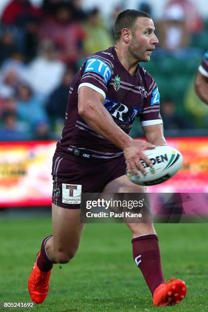 Blake Green of the Sea Eagles looks to pass th eball during the round 17 NRL match between the Manly Sea Eagles and the New Zealand Warriors at nib...