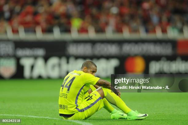 Anderson Lopes of Sanfrecce Hiroshima shows dejection after his side's 2-3 defeat in the J.League J1 match between Urawa Red Diamonds and Sanfrecce...