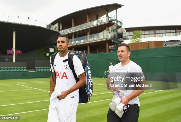 Nick Kyrgios of Australia heads back to the locker room after practising at Wimbledon on July 1, 2017 in London, England.