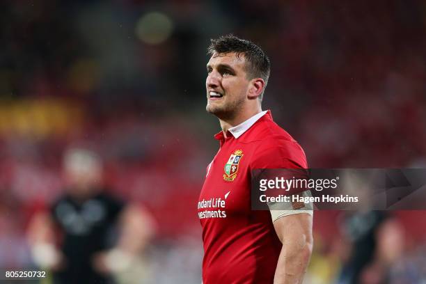 Sam Warburton of the Lions looks on during the International Test match between the New Zealand All Blacks and the British & Irish Lions at Westpac...