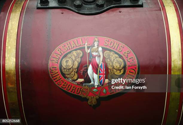 Detail of artwork on a steam engine during the Duncombe Park Steam Rally on July 1, 2017 in Helmsley, United Kingdom. Held annually in the...