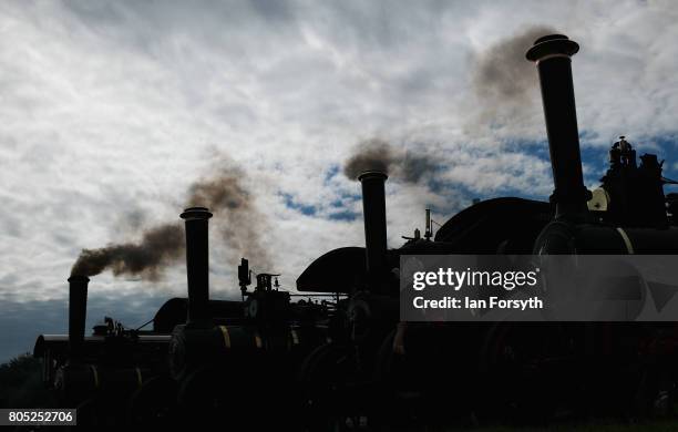 Smoke drifts skywards from steam engine chimneys during the Duncombe Park Steam Rally on July 1, 2017 in Helmsley, United Kingdom. Held annually in...