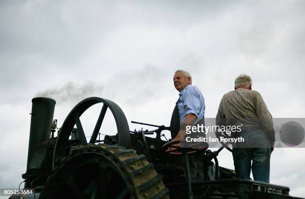 Steam engine is driven into the arena during the Duncombe Park Steam Rally on July 1, 2017 in Helmsley, United Kingdom. Held annually in the...