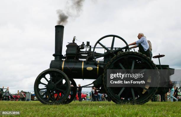 Steam engine is driven into the arena during the Duncombe Park Steam Rally on July 1, 2017 in Helmsley, United Kingdom. Held annually in the...