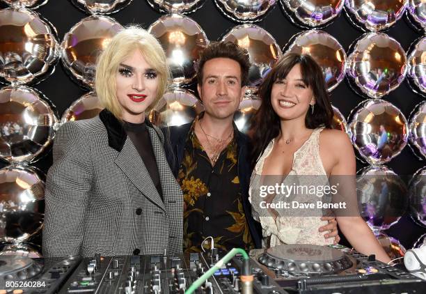 JonBenet Blonde, Nick Grimshaw and Daisy Lowe at the Tinder Pride 2017 Party at The Ned on July 1, 2017 in London, England. The party, hosted by...