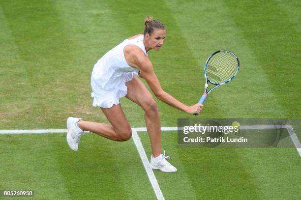 Karolina Pliskova of Czech Republic hits a backhand during the Final match against Caroline Wozniacki of Denmark on day seven of the Aegon...
