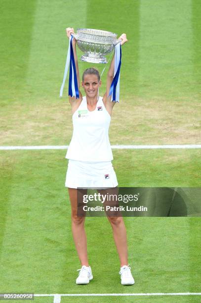 EASTBOURNE, ENGLAND Karolina Pliskova of Czech Republic with trophy after victory during the Final match against Caroline Wozniacki of Denmark on day...