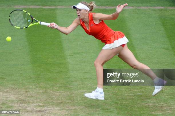 Caroline Wozniacki of Denmark hits a forehand during the Final match against Karolina Pliskova of Czech Republic on day seven of the Aegon...