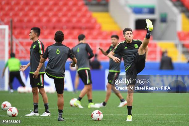 Hector Herrera warms up during the Mexico training session on July 1, 2017 in Moscow, Russia.