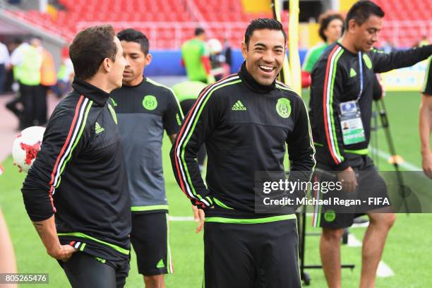 Marco Fabian laughs during the Mexico training session on July 1, 2017 in Moscow, Russia.