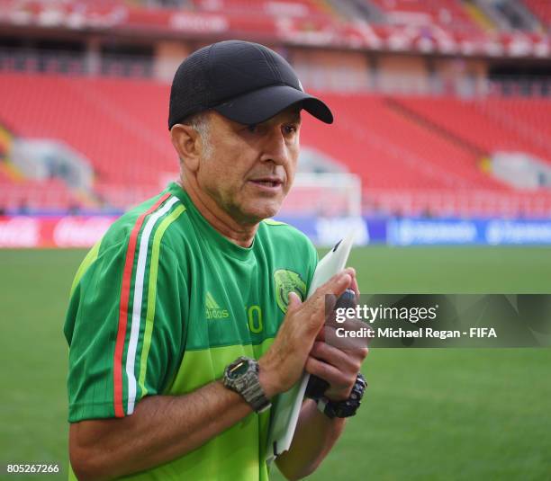 Mexico coach Juan Carlos Osorio looks on during the Mexico training session on July 1, 2017 in Moscow, Russia.