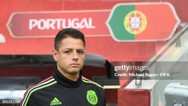 Javier Hernandez looks on during the Mexico training session on July 1, 2017 in Moscow, Russia.
