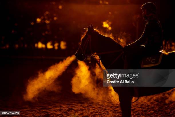 Thoroughbred and Exercise Rider stand on the track at sunrise prior to the 149th running of the Belmont Stakes at Belmont Park at Belmont Park on...