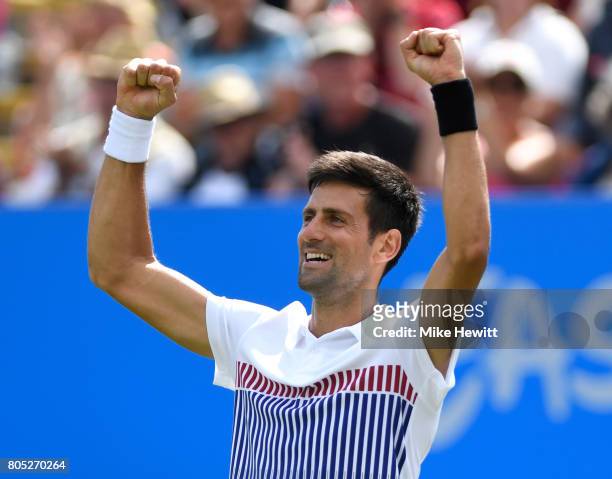Novak Djokovic of Serbia celebrates victory during his mens singles final against Gael Monfils of France on day seven of the Aegon International...