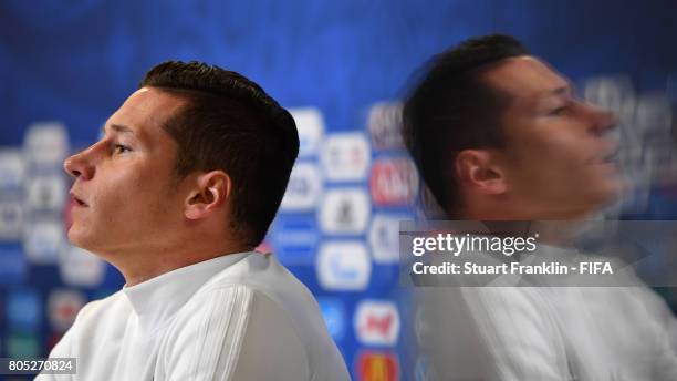 Julian Draxler of Germany looks on during a press conference of the German national football team on July 1, 2017 in Saint Petersburg, Russia.