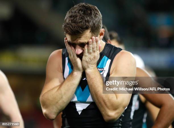 Sam Gray of the Power looks dejected after a loss during the 2017 AFL round 15 match between the Port Adelaide Power and the Richmond Tigers at...