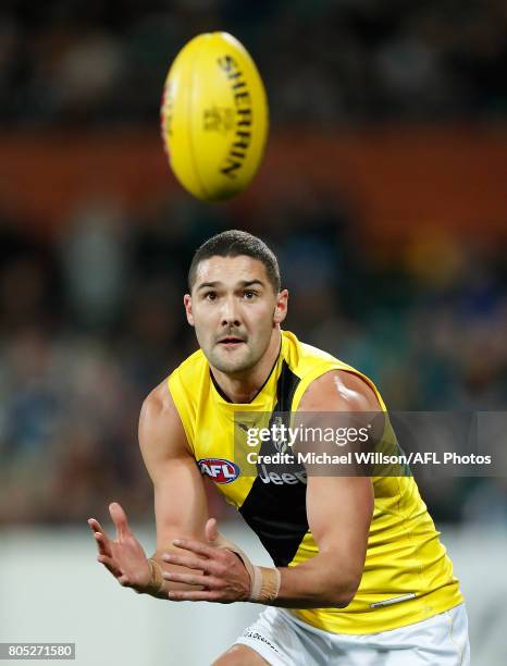 Shaun Grigg of the Tigers in action during the 2017 AFL round 15 match between the Port Adelaide Power and the Richmond Tigers at Adelaide Oval on...