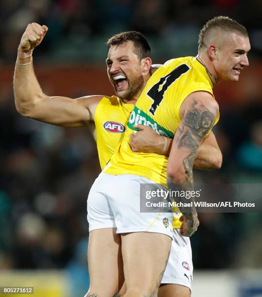 Dustin Martin and Toby Nankervis of the Tigers celebrate during the 2017 AFL round 15 match between the Port Adelaide Power and the Richmond Tigers...