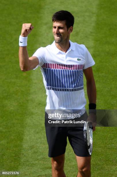 Novak Djokovic of Serbia celebrate after victory during the Final match against Gael Monfils of France on day seven on July 1, 2017 in Eastbourne,...