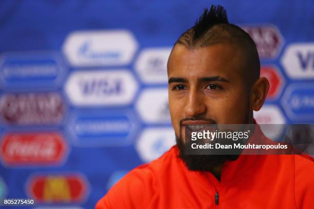 Arturo Vidal of Chile speaks to the media during a press conference of the Chiliean national football team on July 1, 2017 in Saint Petersburg,...