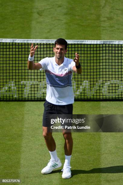 Novak Djokovic of Serbia celebrate after victory during the Final match against Gael Monfils of France on day seven on July 1, 2017 in Eastbourne,...