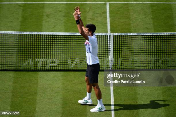 Novak Djokovic of Serbia celebrate after victory during the Final match against Gael Monfils of France on day seven on July 1, 2017 in Eastbourne,...