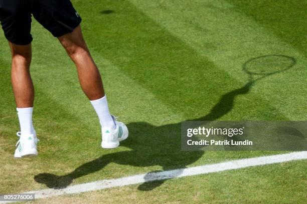 Novak Djokovic of Serbia serves during the Final match against Gael Monfils of France on day seven on July 1, 2017 in Eastbourne, England.