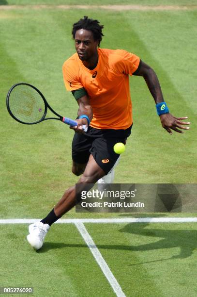 Gael Monfils of France hits a forehand during the Final match against Novak Djokovic of Serbia on day seven on July 1, 2017 in Eastbourne, England.