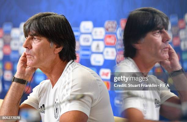 Joachim Loew, head coach of Germany looks on during a press conference of the German national football team on July 1, 2017 in Saint Petersburg,...