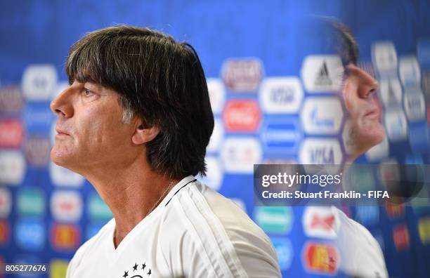 Joachim Loew, head coach of Germany looks on during a press conference of the German national football team on July 1, 2017 in Saint Petersburg,...