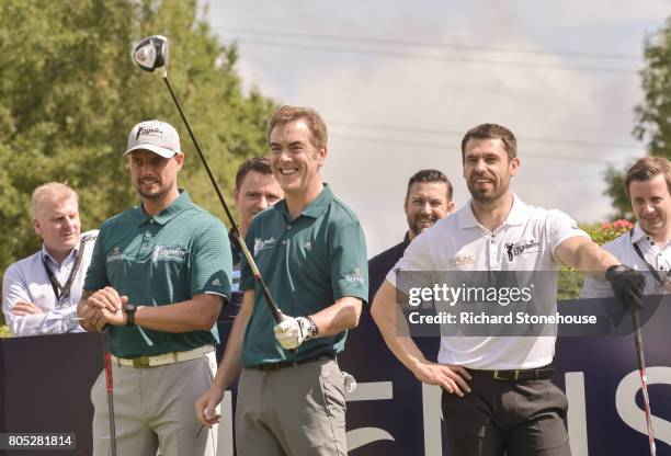 Keith Duffy, James Nesbitt and Kelvin Fletcher on Day one of the Celebrity Cup at Celtic Manor Resort at Celtic Manor Resort on July 1, 2017 in...