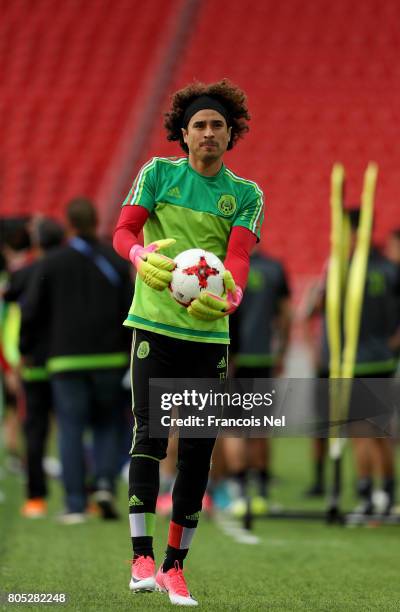 Guillermo Ochoa in action during the Mexico training session on July 1, 2017 in Moscow, Russia.