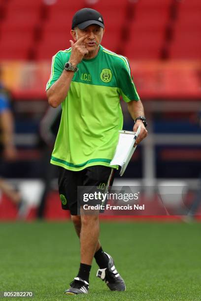 Mexico coach Juan Carlos Osorio gestures during the Mexico training session on July 1, 2017 in Moscow, Russia.