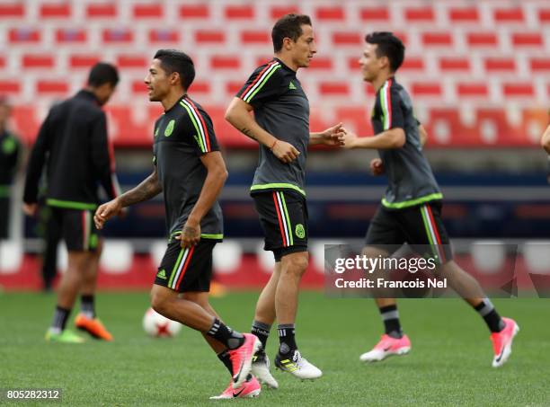 Andres Guardado in action during the Mexico training sessionon July 1, 2017 in Moscow, Russia.