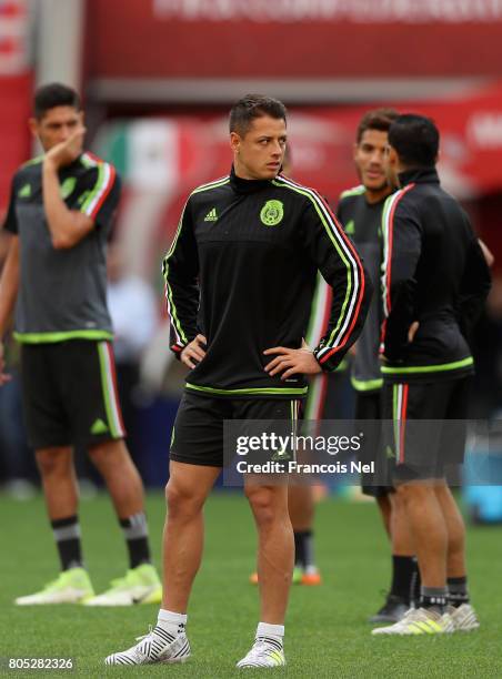Javier Hernandez looks on during the Mexico training session on July 1, 2017 in Moscow, Russia.