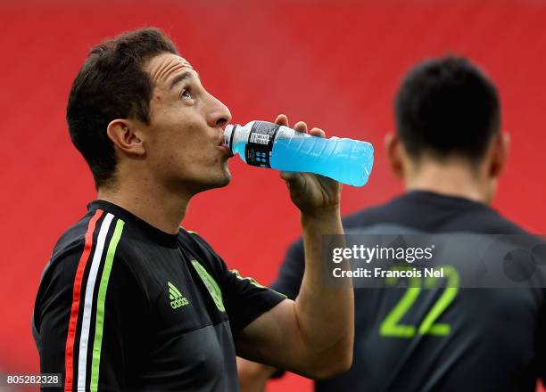 Andres Guardado looks on during the Mexico training session on July 1, 2017 in Moscow, Russia.